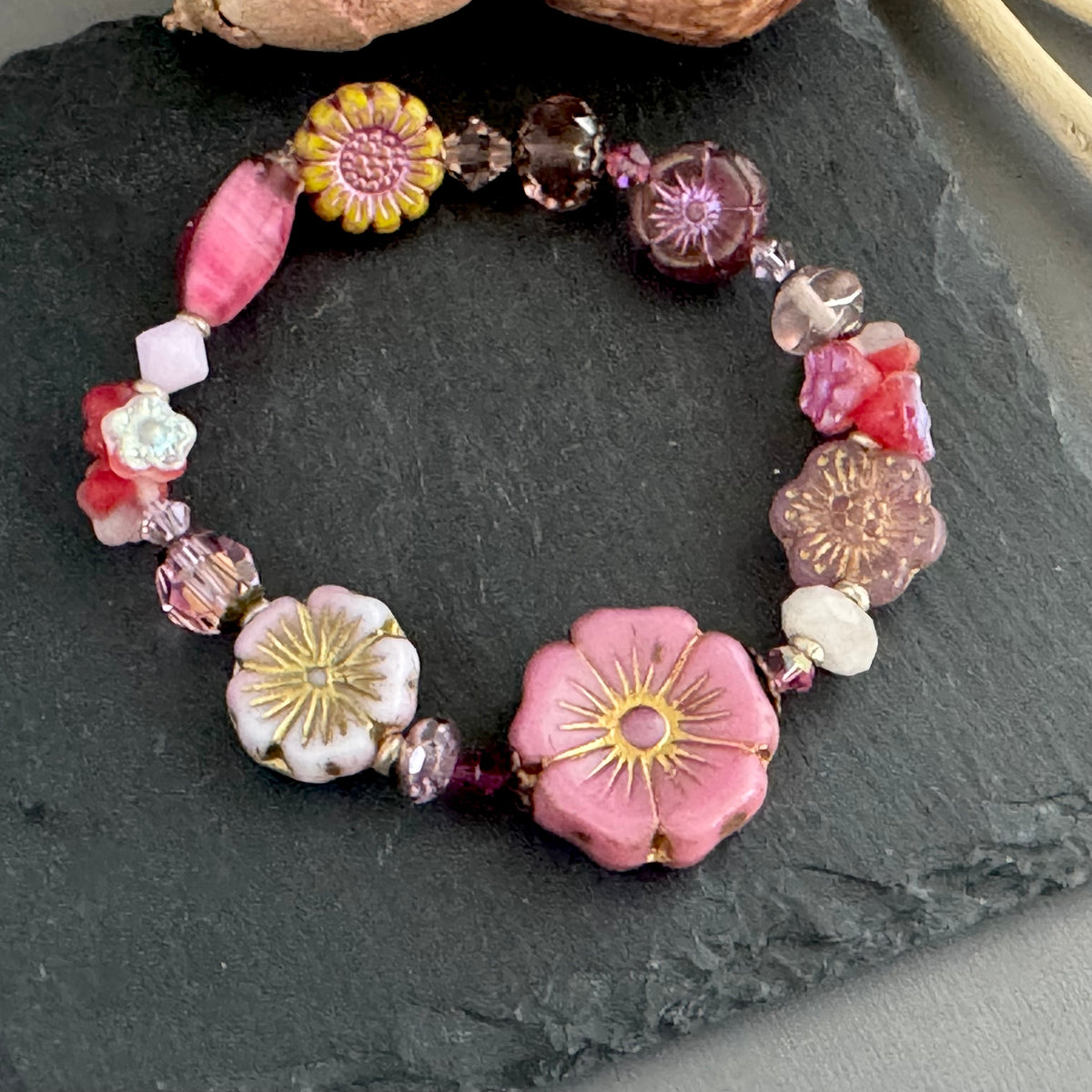 Pink Flower Czech Glass Stretch Bracelet