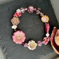 Pink Flower Czech Glass Stretch Bracelet