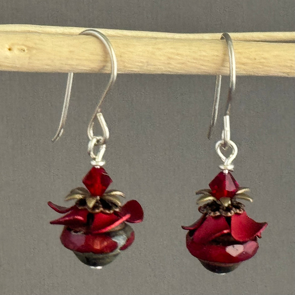 Czech Glass Red Saturn and Flower Bead Cap Earrings in Sterling Silver