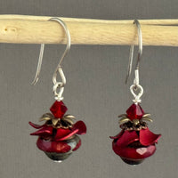 Czech Glass Red Saturn and Flower Bead Cap Earrings in Sterling Silver