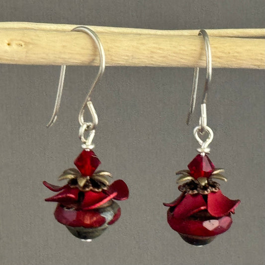 Czech Glass Red Saturn and Flower Bead Cap Earrings in Sterling Silver