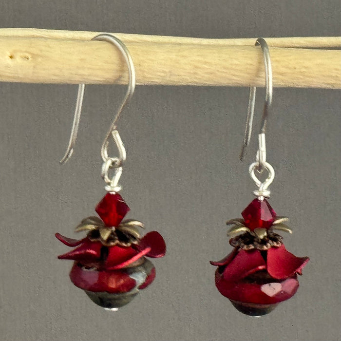 Czech Glass Red Saturn and Flower Bead Cap Earrings in Sterling Silver