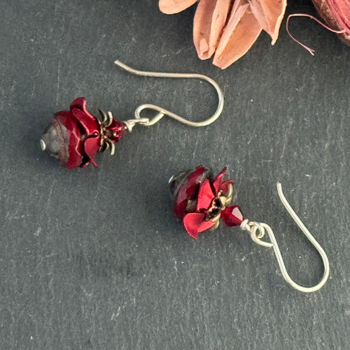 Czech Glass Red Saturn and Flower Bead Cap Earrings in Sterling Silver