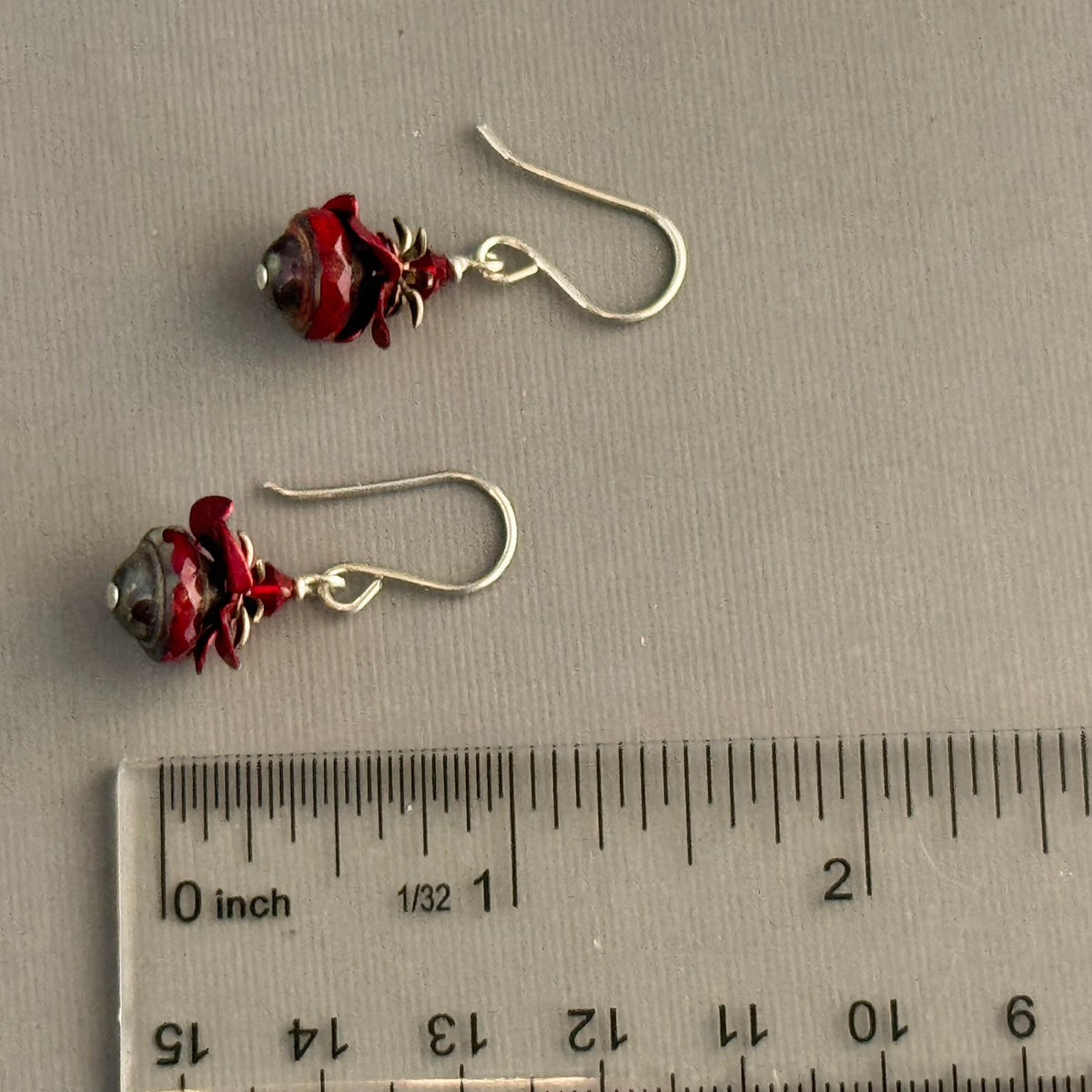 Czech Glass Red Saturn and Flower Bead Cap Earrings in Sterling Silver