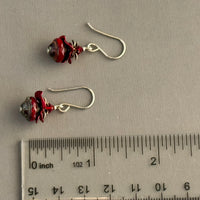 Czech Glass Red Saturn and Flower Bead Cap Earrings in Sterling Silver