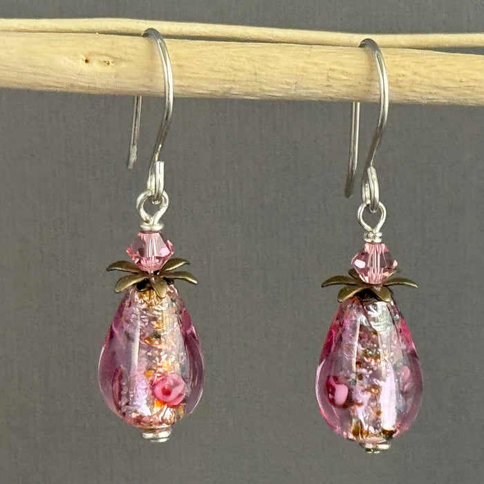 Czech "Bohemian" Pink Glass Foil Teardrop Earrings in Sterling Silver