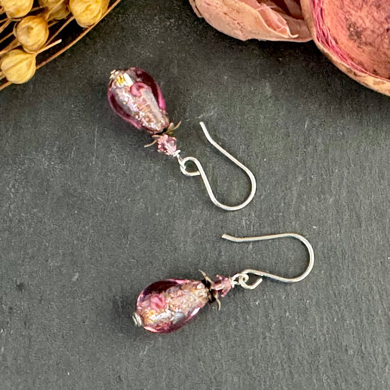 Czech "Bohemian" Pink Glass Foil Teardrop Earrings in Sterling Silver