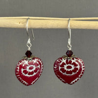 Czech Glass Red Heart Earrings in Sterling Silver
