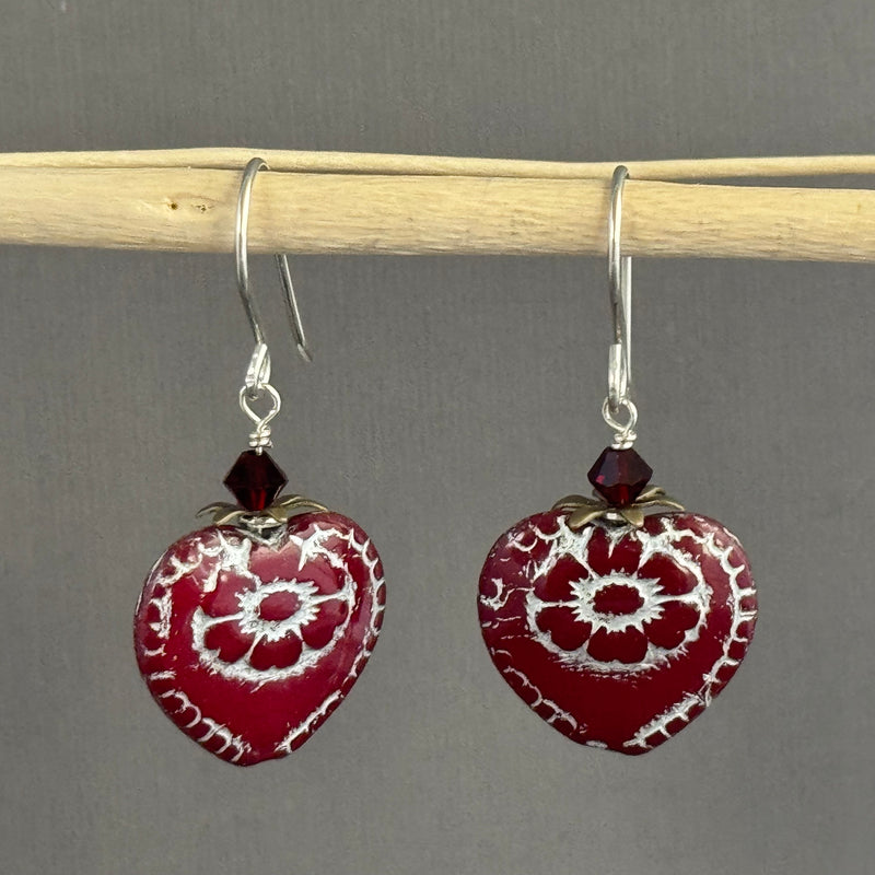 Czech Glass Red Heart Earrings in Sterling Silver