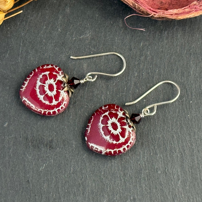 Czech Glass Red Heart Earrings in Sterling Silver
