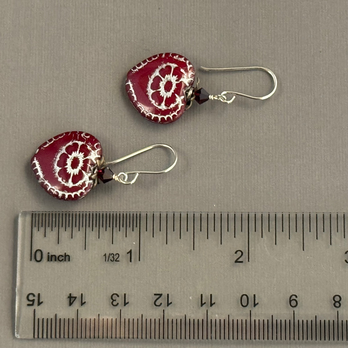Czech Glass Red Heart Earrings in Sterling Silver