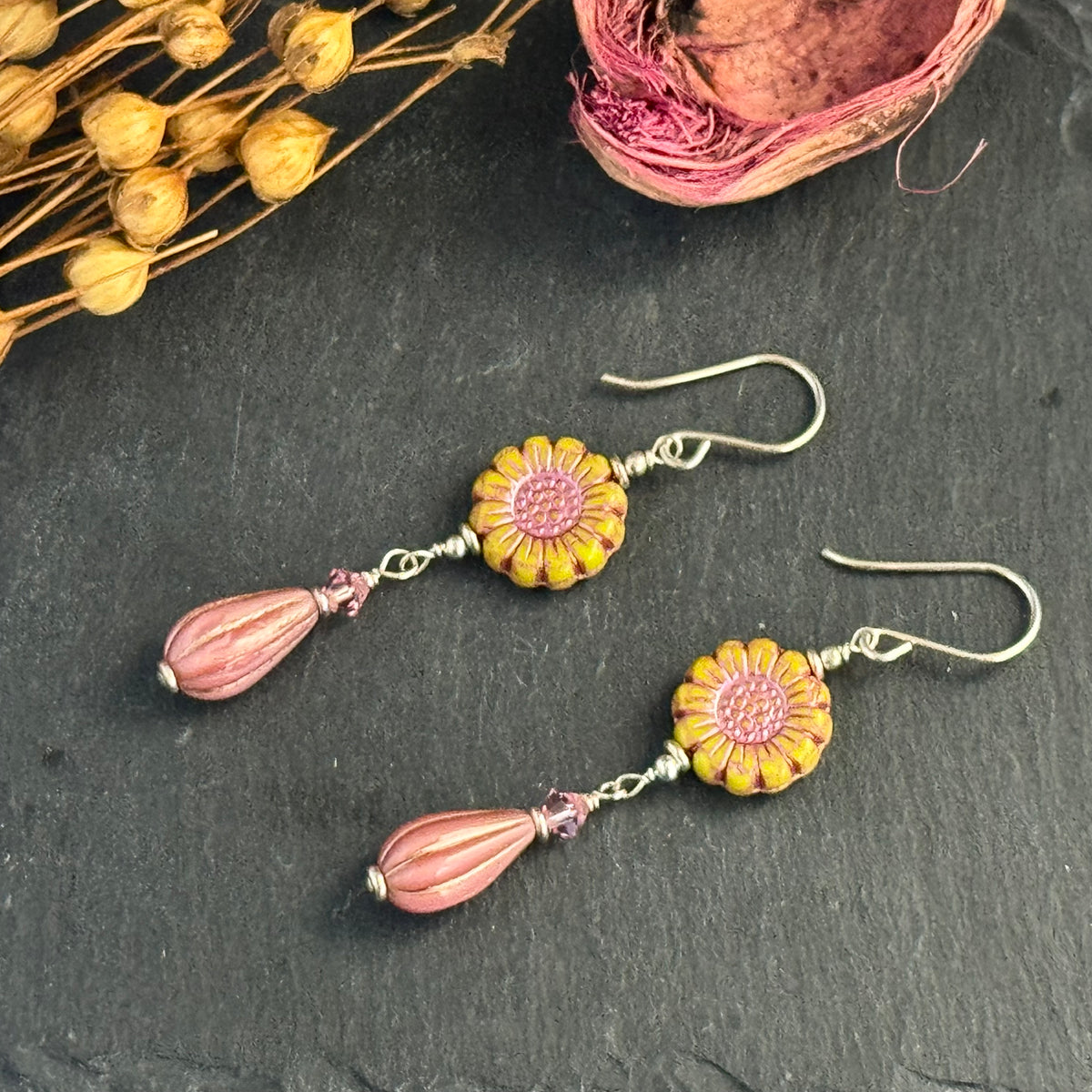 Czech Glass Pink and Yellow Wildflower Dangle Earrings in Sterling Silver