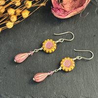 Czech Glass Pink and Yellow Wildflower Dangle Earrings in Sterling Silver