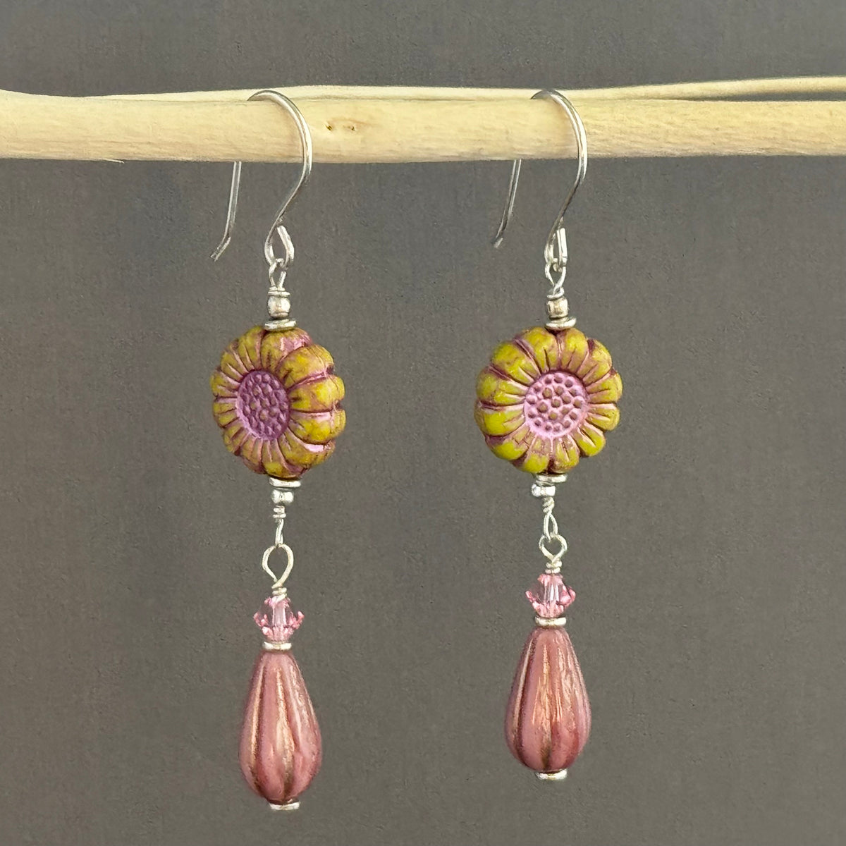 Czech Glass Pink and Yellow Wildflower Dangle Earrings in Sterling Silver