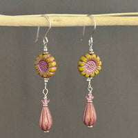 Czech Glass Pink and Yellow Wildflower Dangle Earrings in Sterling Silver