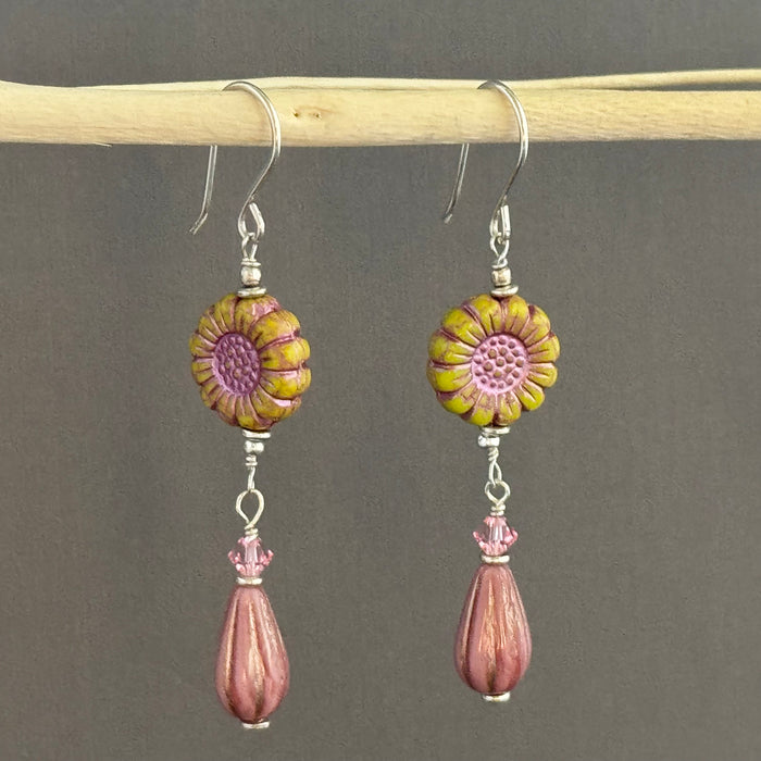 Czech Glass Pink and Yellow Wildflower Dangle Earrings in Sterling Silver