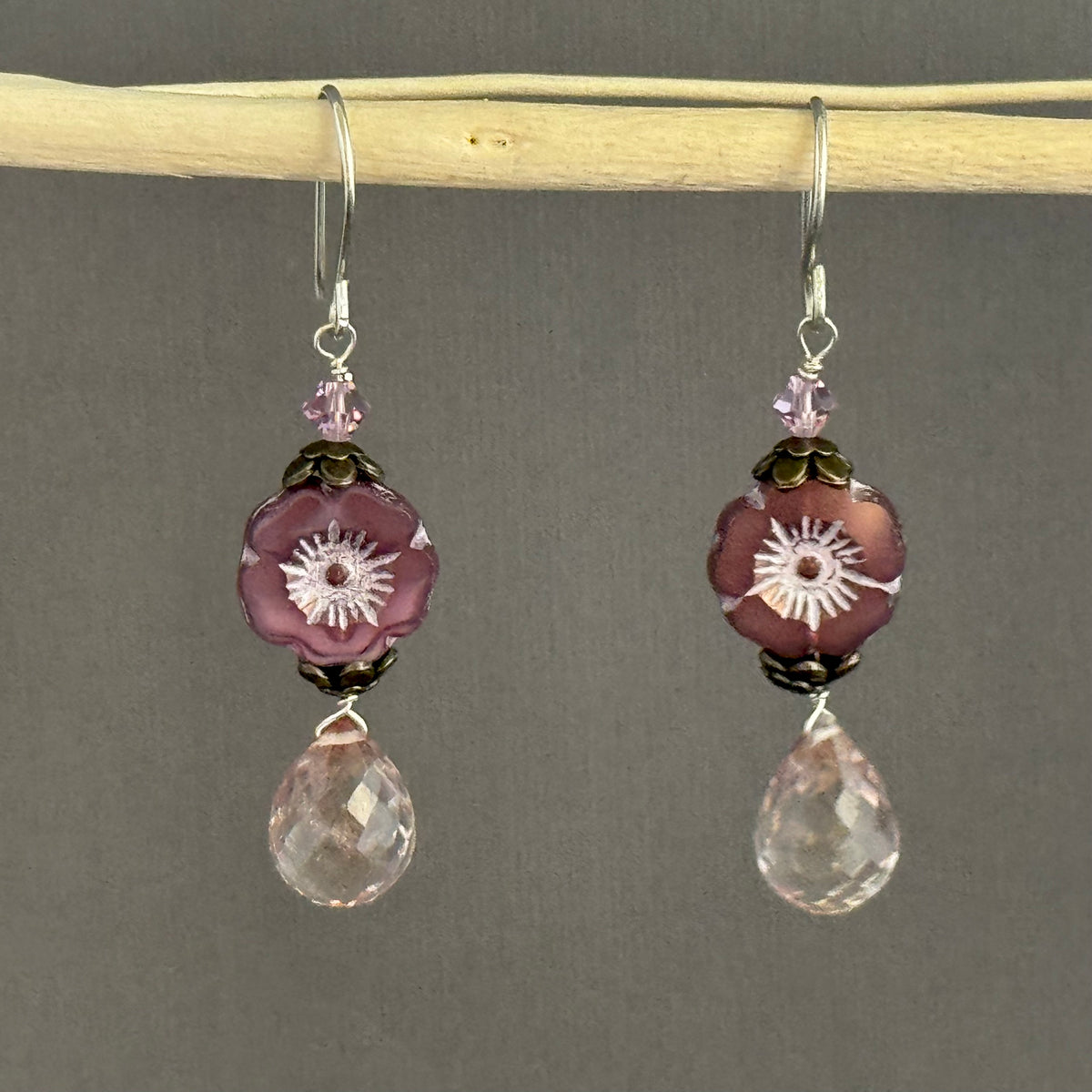 Light Pink Czech Glass Flower and Quartz Earrings in Sterling Silver