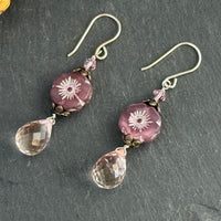 Light Pink Czech Glass Flower and Quartz Earrings in Sterling Silver