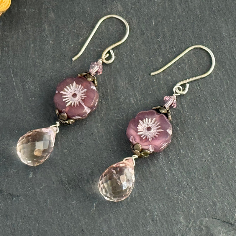 Light Pink Czech Glass Flower and Quartz Earrings in Sterling Silver