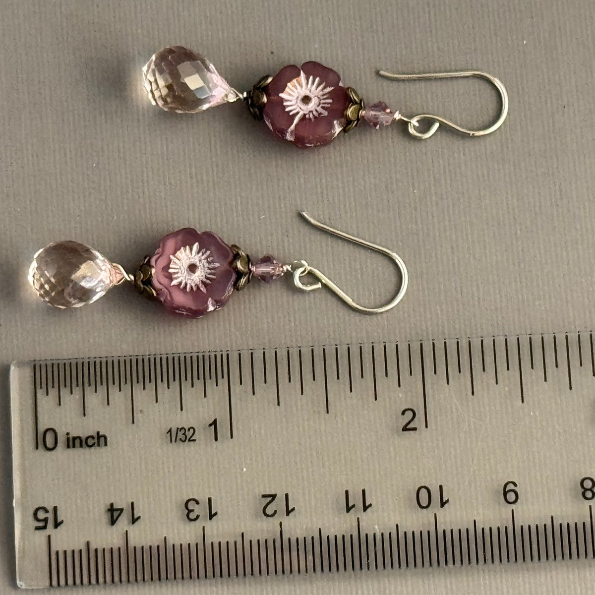 Light Pink Czech Glass Flower and Quartz Earrings in Sterling Silver