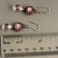 Light Pink Czech Glass Flower and Quartz Earrings in Sterling Silver