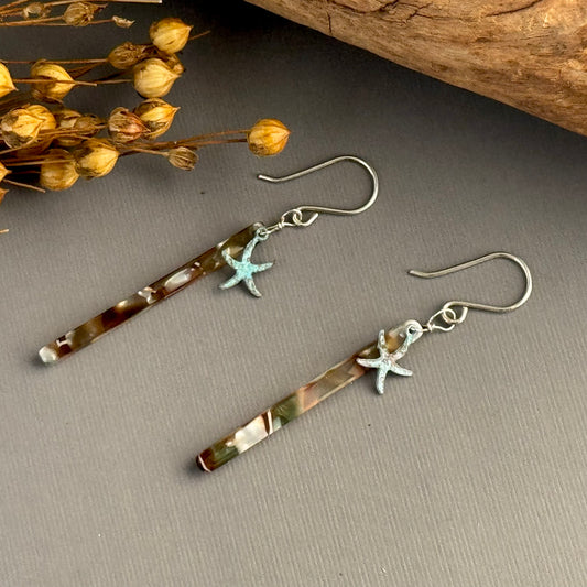 Acrylic Stick Earrings with Star Fish Charms in Sterling Silver