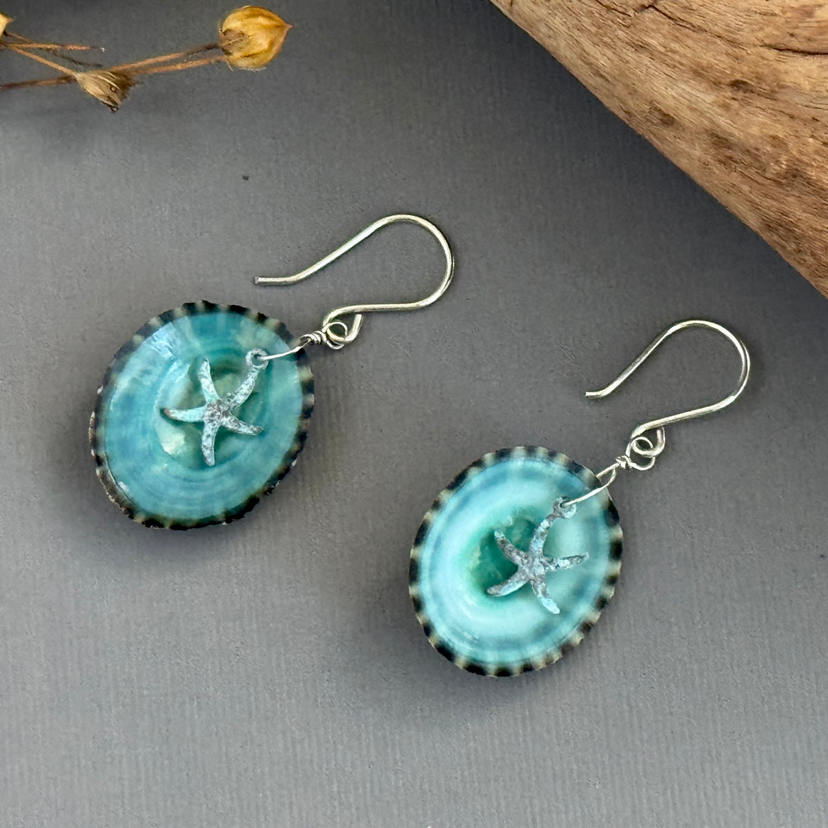 Natural Green Limpet Shell Earrings in Sterling Silver