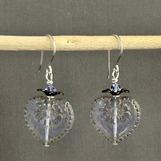 Czech Glass Light Lavender Heart Earrings in Sterling Silver