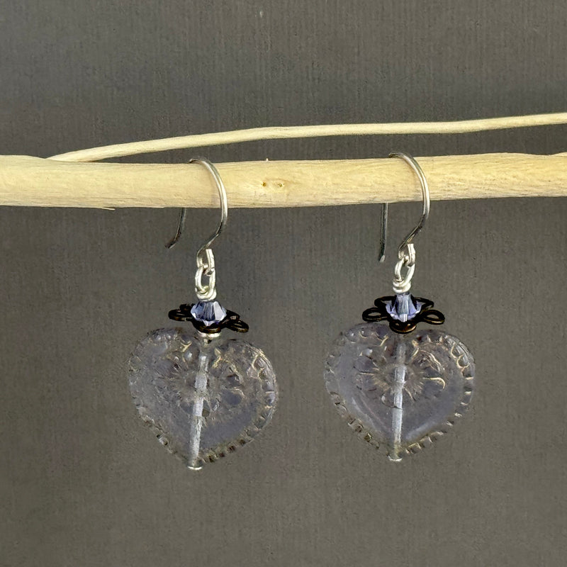 Czech Glass Light Lavender Heart Earrings in Sterling Silver
