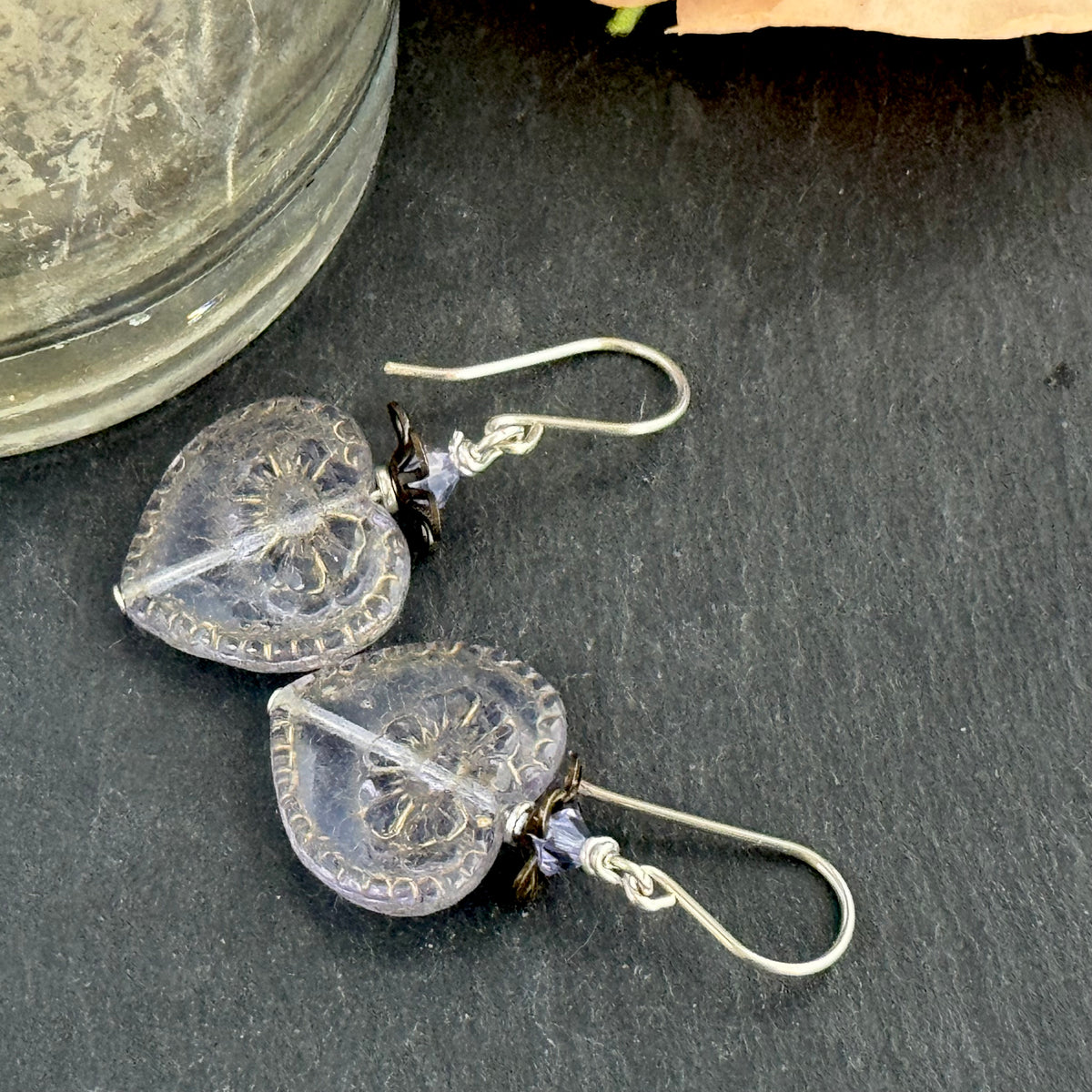 Czech Glass Light Lavender Heart Earrings in Sterling Silver