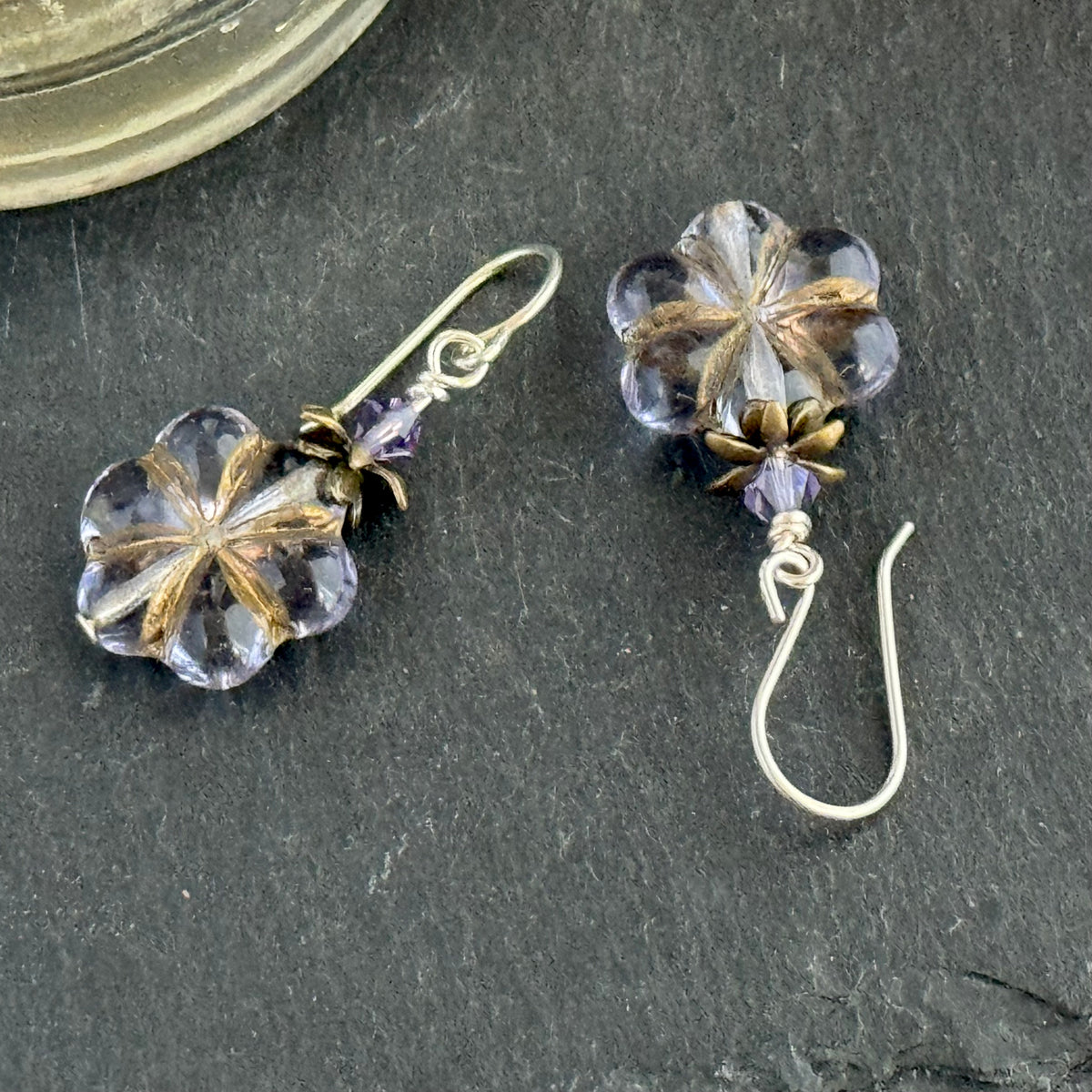 Czech Glass Lavender Flower Earrings in Sterling Silver