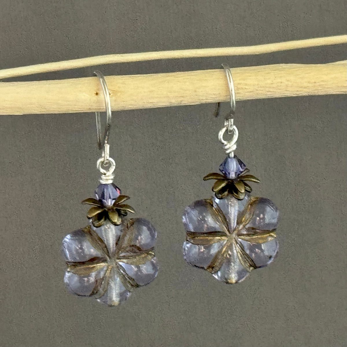 Czech Glass Lavender Flower Earrings in Sterling Silver