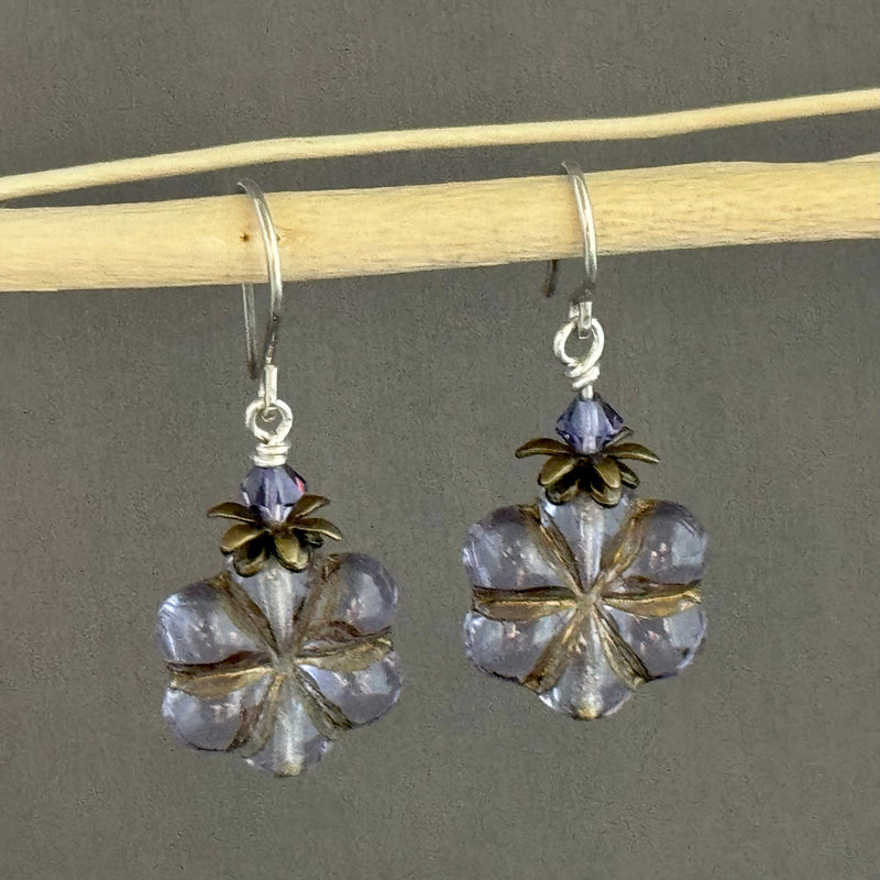 Czech Glass Lavender Flower Earrings in Sterling Silver