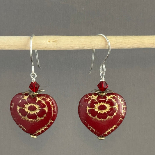 Czech Glass Red Heart Earrings in Sterling Silver