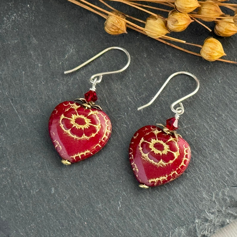 Czech Glass Red Heart Earrings in Sterling Silver
