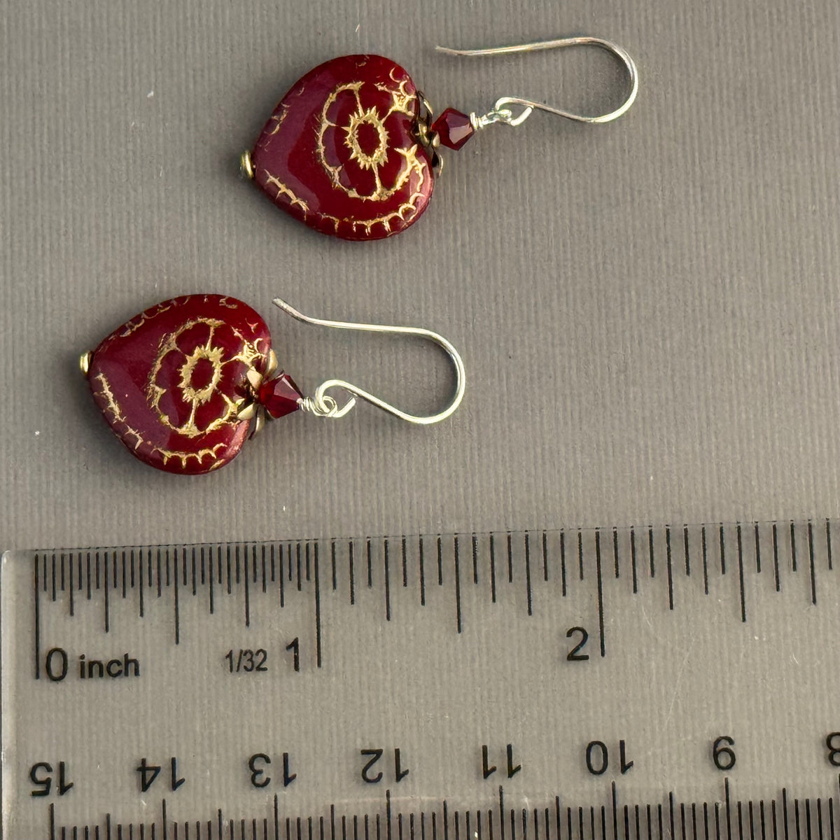 Czech Glass Red Heart Earrings in Sterling Silver