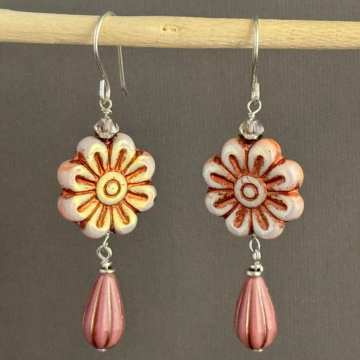 Czech Glass Pink Metallic Wildflower Dangle Earrings in Sterling Silver