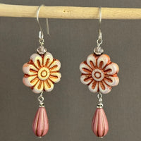 Czech Glass Pink Metallic Wildflower Dangle Earrings in Sterling Silver