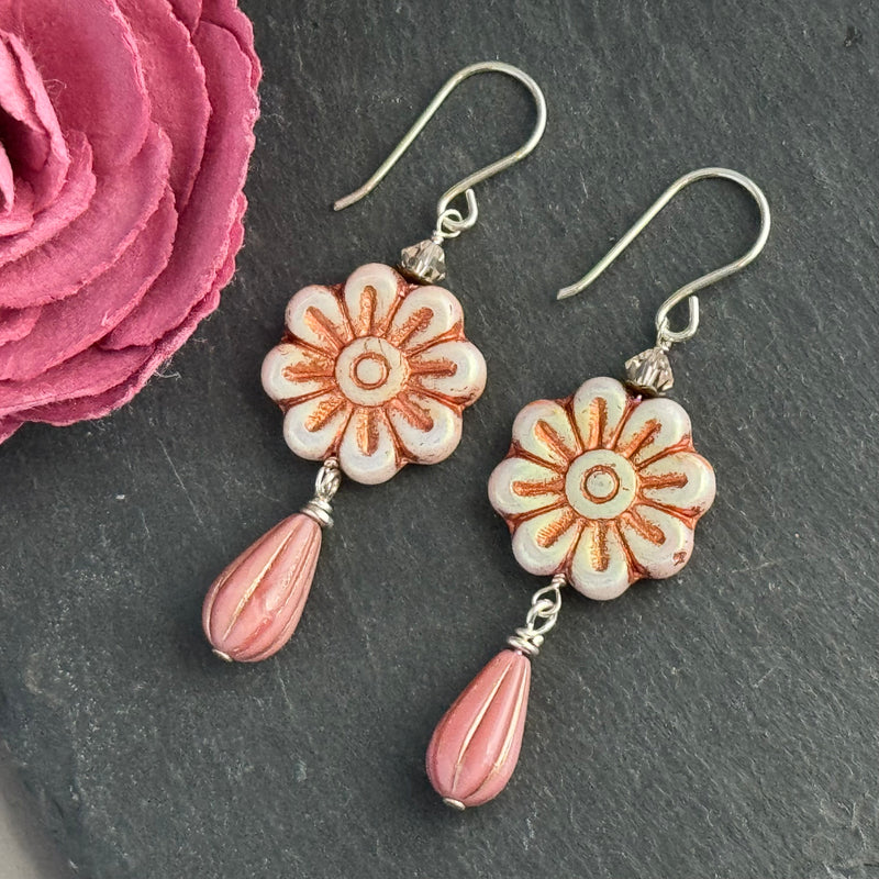 Czech Glass Pink Metallic Wildflower Dangle Earrings in Sterling Silver