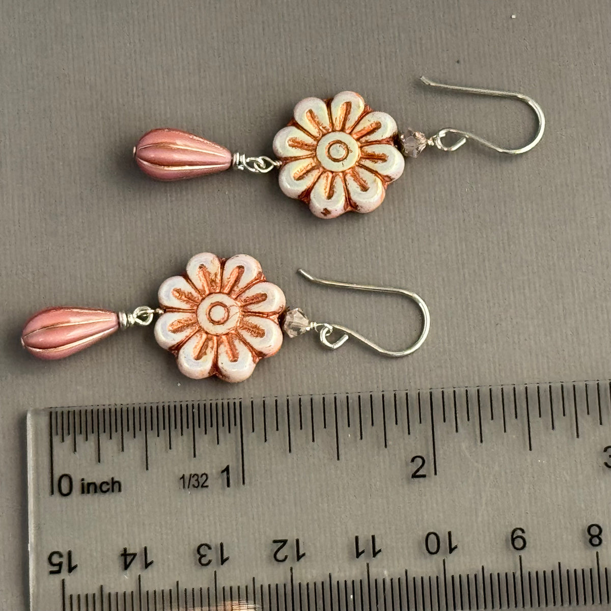 Czech Glass Pink Metallic Wildflower Dangle Earrings in Sterling Silver