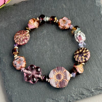 Purple Flower and Coin Czech Glass Stretch Bracelet