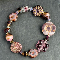Purple Flower and Coin Czech Glass Stretch Bracelet