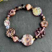 Purple Flower and Coin Czech Glass Stretch Bracelet