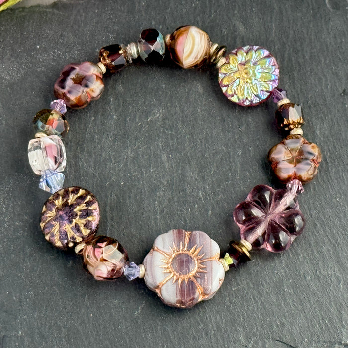 Purple Flower and Coin Czech Glass Stretch Bracelet