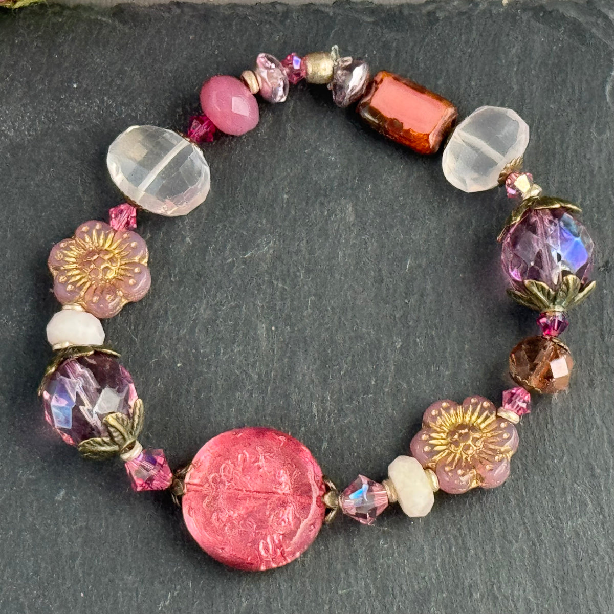 Pink and Dusty Rose Czech Glass Stretch Bracelet