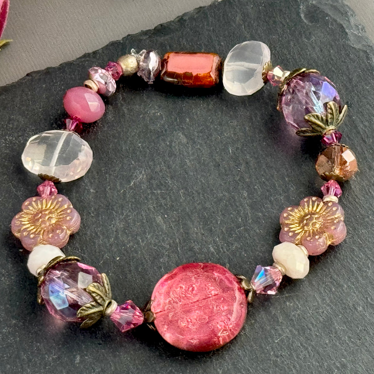 Pink and Dusty Rose Czech Glass Stretch Bracelet