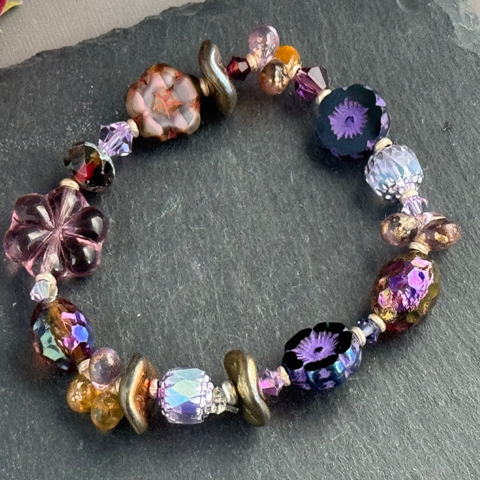 Purple and Lavender Czech Glass Stretch Bracelet