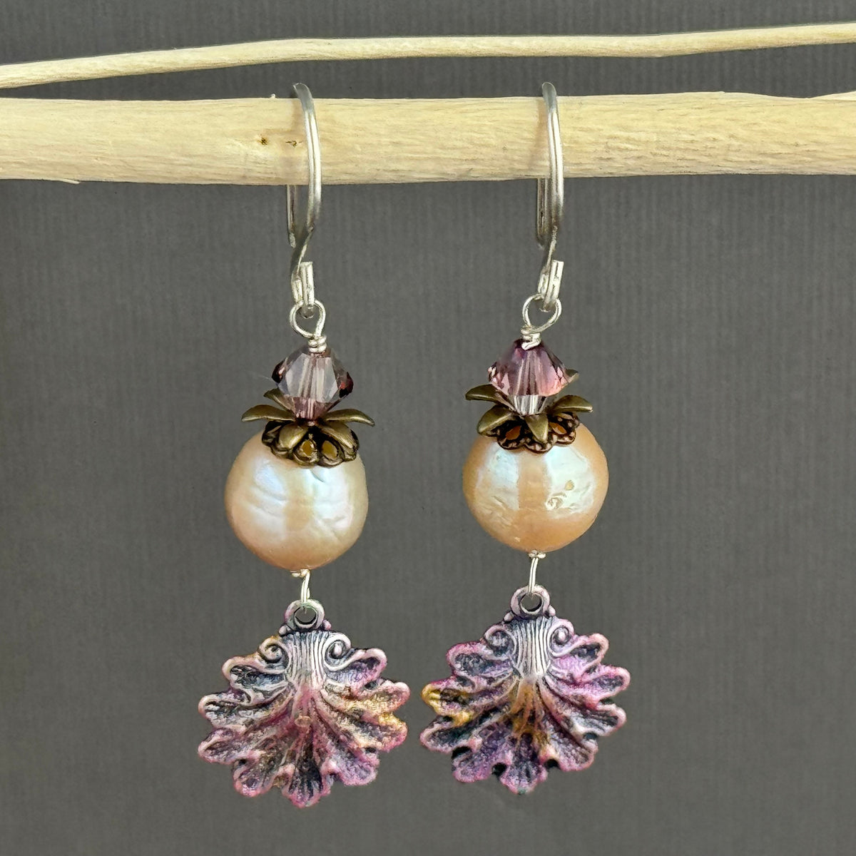 Beachy Pink Freshwater Pearl Earrings with Hand Painted Shell Drops in Sterling Silver