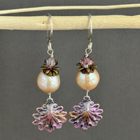 Beachy Pink Freshwater Pearl Earrings with Hand Painted Shell Drops in Sterling Silver