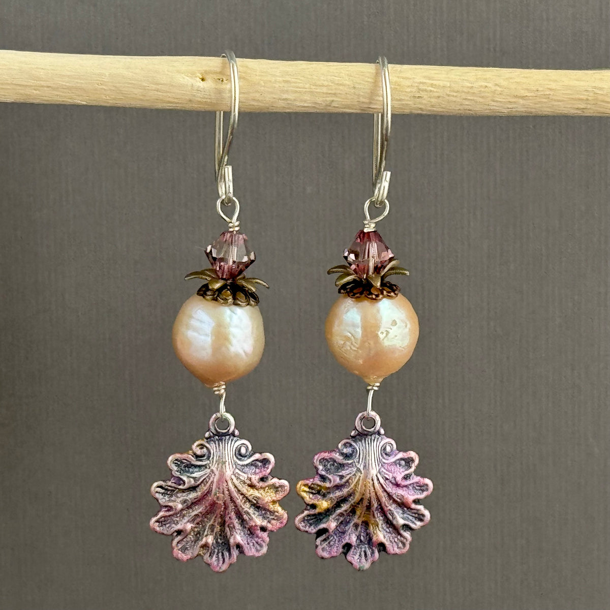Beachy Pink Freshwater Pearl Earrings with Hand Painted Shell Drops in Sterling Silver